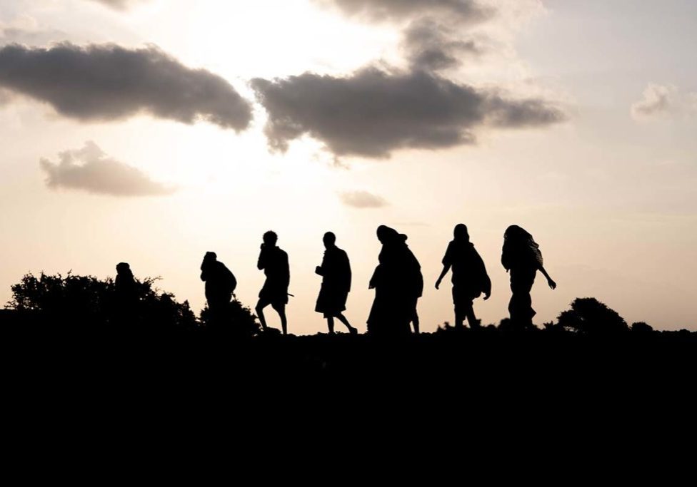 A group of migrants is walking in the desert to reach Obock.